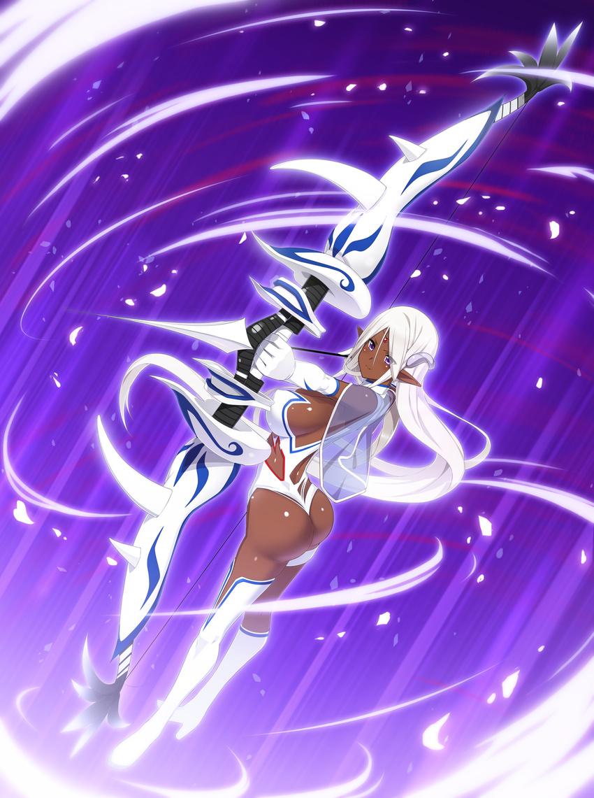 arrow ass bow_(weapon) breasts dark_skin elbow_gloves ellelecia full_body gloves highres holding holding_weapon jewelry large_breasts leotard long_hair ma-ko_hunter munashi_mujou parted_lips pointy_ears purple_eyes see-through shiny shiny_skin simple_background smile thigh_gap thighhighs very_long_hair weapon white_gloves white_hair white_legwear