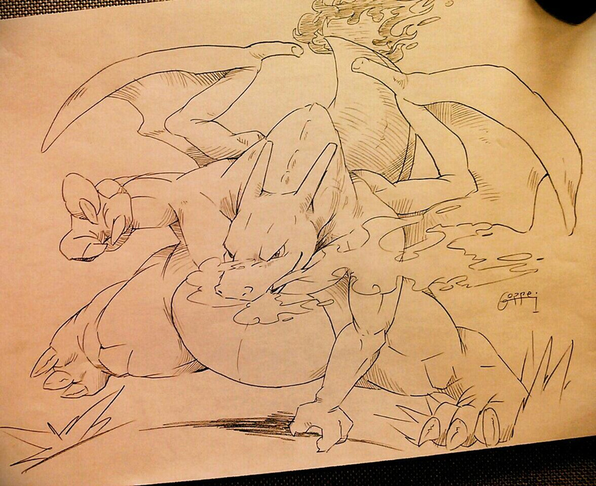 anthro belly big_belly charizard fire geppei5959 male nintendo open_mouth overweight pok&eacute;mon solo traditional_media_(artwork) video_games wings