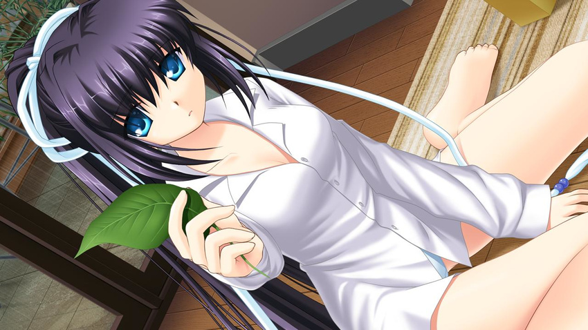 bad_feet black_hair blue_eyes blue_panties breasts cleavage collarbone dress_shirt game_cg hinoue_itaru indoors konohana_lucia long_hair medium_breasts official_art panties ponytail rain rewrite shirt sitting solo underwear window wooden_floor