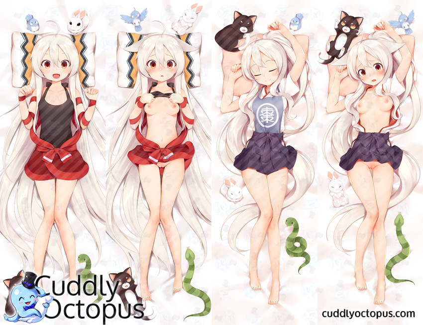 1girl :d ahoge animal bare_legs bare_shoulders barefoot bird breasts bunny cat chiya_(urara_meirochou) collarbone cuddly_octopus dakimakura eyes_closed feet full_body hair_between_eyes happy hat kyuri_tizu lifted_by_self long_hair lying multiple_views navel nipples no_panties octopus on_back open_clothes open_mouth open_shirt pillow pussy red_skirt shirt shirt_lift short_sleeves skirt skirt_lift sleeping small_breasts snake stuffed_bunny tantop thigh_gap uncensored urara_meirochou watermark web_address