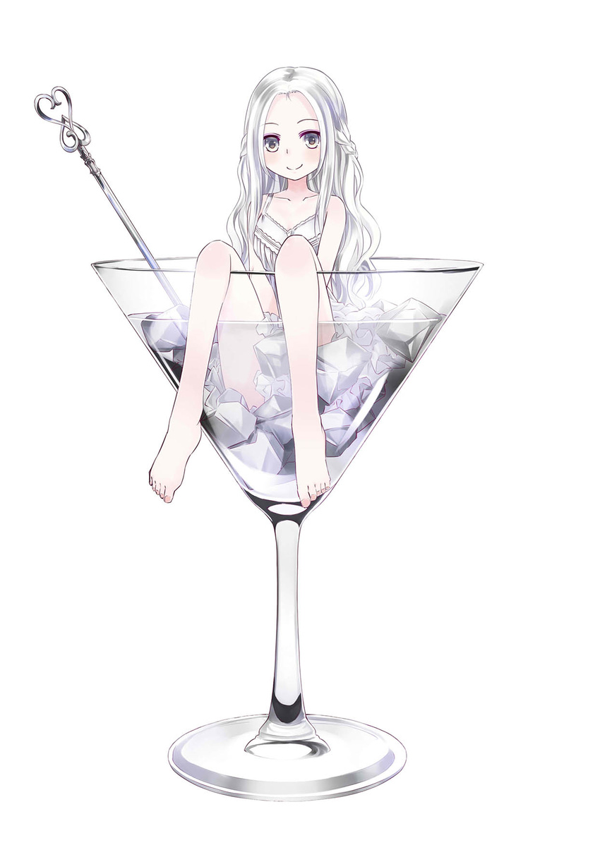 54hao bare_arms bare_legs bare_shoulders barefoot c: closed_mouth cocktail cocktail_glass collarbone commentary cup dress drinking_glass forehead half_updo highres ice in_container in_cup legs long_hair looking_at_viewer original partially_submerged short_dress silver_eyes simple_background sitting sleeveless sleeveless_dress smile solo spaghetti_strap toothpick water wavy_hair white_background white_dress white_hair
