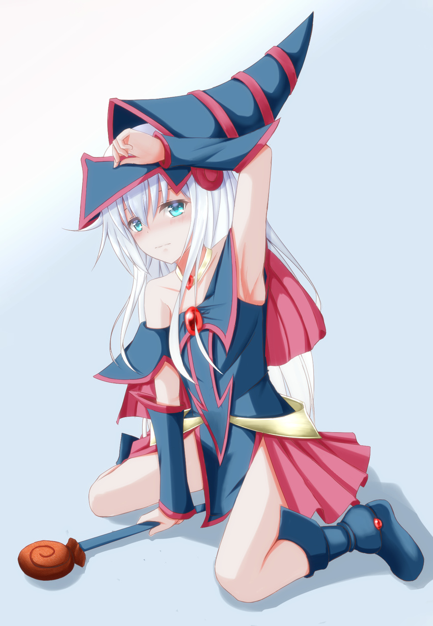 arm_up armpits bangs bare_shoulders blue_eyes blue_footwear blush boots capelet choker closed_mouth collarbone commentary_request cosplay dark_magician_girl dark_magician_girl_(cosplay) detached_sleeves duel_monster from_side full_body hat hibiki_(kantai_collection) highres holding holding_staff kantai_collection long_hair looking_at_viewer looking_to_the_side off-shoulder_shirt risokaaso_(tommy9551) shadow shirt showgirl_skirt sidelocks silver_hair sitting smile solo staff wariza wizard_hat yuu-gi-ou