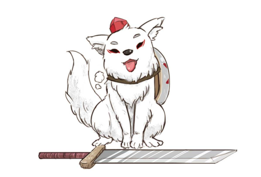 chamaji chibiterasu facial_mark fangs full_body hat heavy_breathing inubashiri_momiji no_humans ookamiden red_hat shield simple_background solo sword tokin_hat tongue tongue_out touhou weapon white_background white_fur wolf wolf_cub