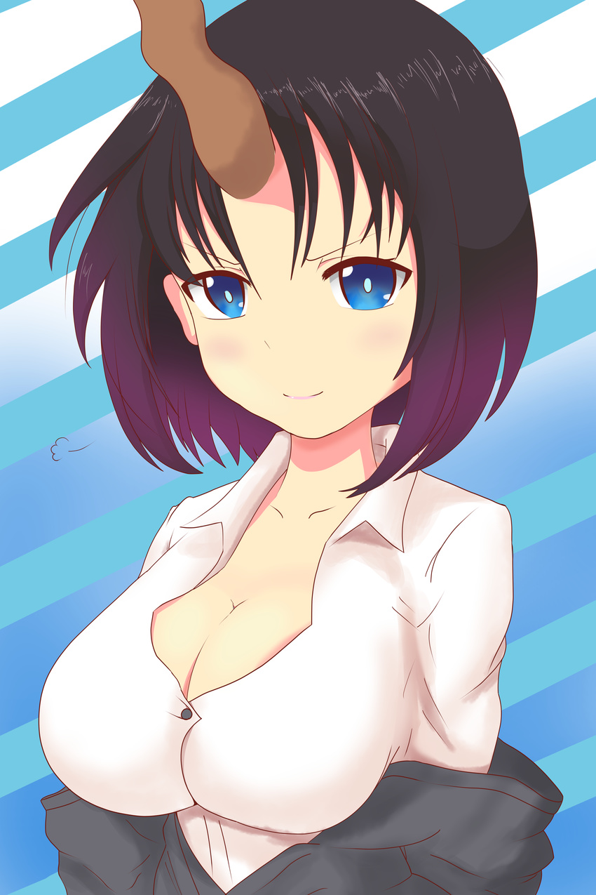 absurdres black_hair blazer blue_eyes breasts cleavage dragon_girl dress_shirt elma_(maidragon) highres hitaki_(heavy_shige) horn jacket jacket_pull kobayashi-san_chi_no_maidragon large_breasts looking_at_viewer off_shoulder shirt short_hair smile solo upper_body