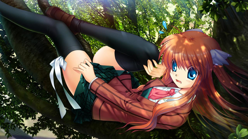 black_hair blue_eyes brown_hair brown_jacket eyebrows_visible_through_hair game_cg green_skirt hair_ornament hinoue_itaru jacket long_hair necktie official_art ootori_chihaya open_mouth outdoors pink_neckwear pleated_skirt rewrite ribbon school_uniform short_necktie skirt skirt_tug solo thighhighs tree white_ribbon zettai_ryouiki