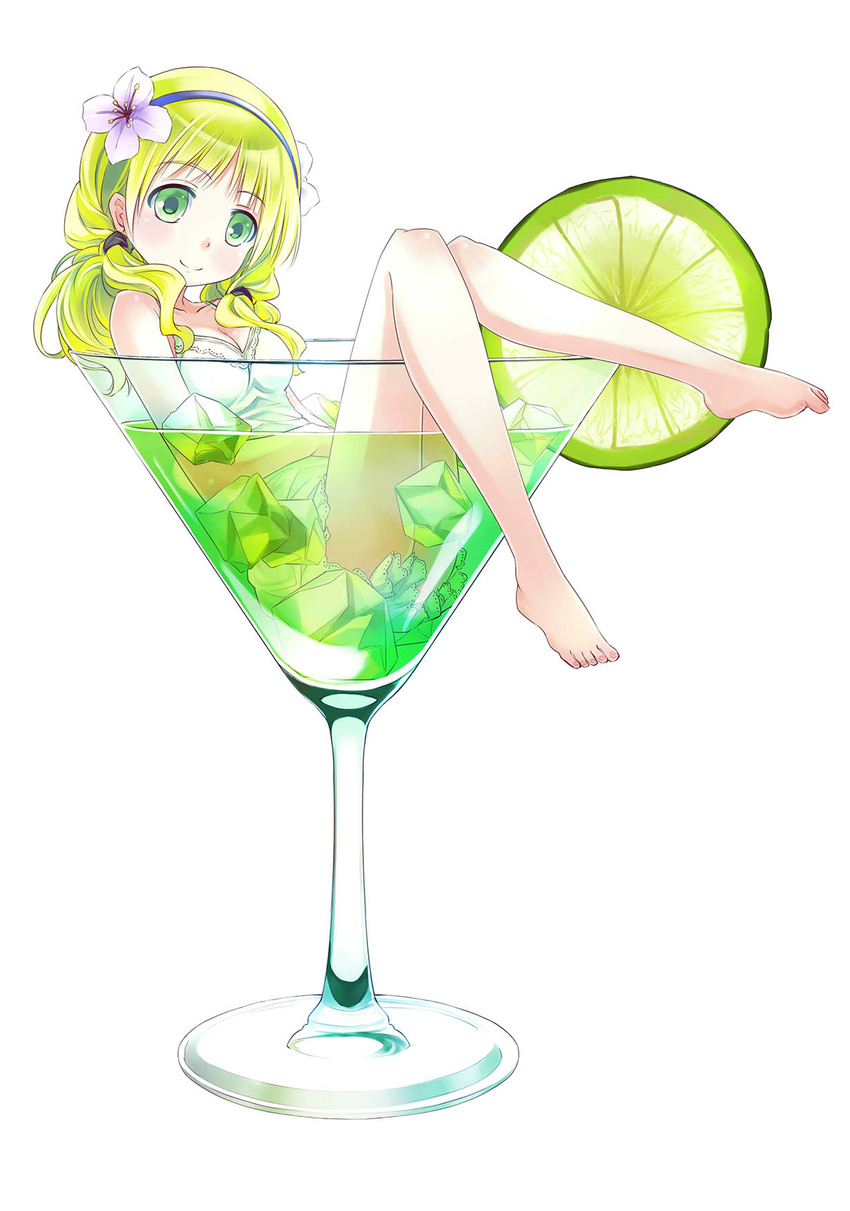 54hao bangs bare_arms bare_legs barefoot breasts cleavage closed_mouth cocktail cocktail_glass commentary cup dress drinking_glass eyebrows_visible_through_hair flower green_eyes green_hair hair_flower hair_ornament highres ice in_container in_cup lime_slice long_hair long_legs looking_at_viewer medium_breasts original partially_submerged purple_flower short_dress simple_background sitting sleeveless sleeveless_dress smile solo wavy_hair white_background white_dress