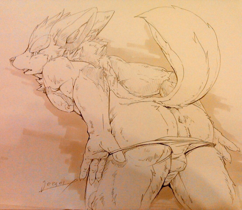 anthro anus bulge canine clothing geppei5959 looking_at_viewer male mammal muscular solo traditional_media_(artwork) underwear