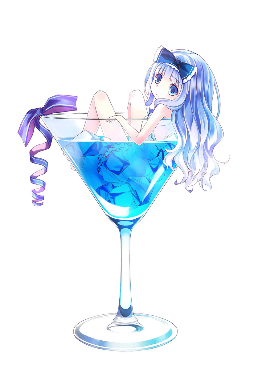 54hao backless_dress backless_outfit bare_arms bare_legs bare_shoulders barefoot blue_bow blue_eyes blue_hair blue_ribbon bow closed_mouth cocktail cocktail_glass commentary cup dress drinking_glass error frilled_bow frills hair_bow highres ice in_container in_cup looking_at_viewer looking_back original partially_submerged ribbon short_dress simple_background sitting sleeveless sleeveless_dress solo wavy_hair white_background white_dress