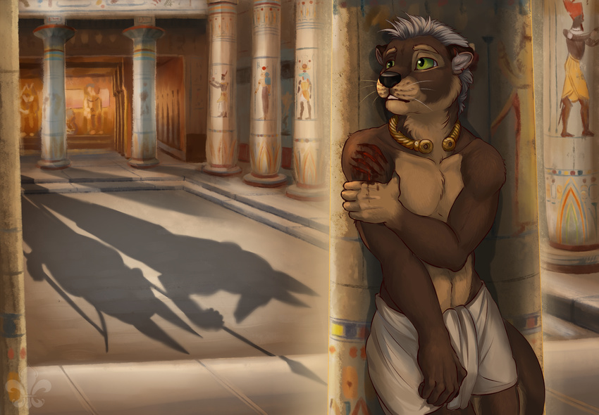 ancient_egypt anthro blood clothed clothing fur green_eyes hair hiding hieroglyphics hvost jewelry male mammal mustelid necklace otter outside pillars shadow solo stairs standing topless weapon white_hair wounded