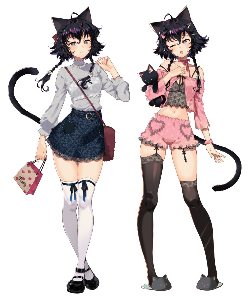 1girl ahoge animal_ears animal_slippers arutera bag bangs banned_artist black_hair black_legwear bloomers blue_eyes blue_shirt blush cat_ears cat_girl cat_slippers cat_tail choker collarbone full_body hair_ornament hairpin handbag heart highres holding holding_bag jewelry lingerie long_sleeves low_twintails mary_janes navel necklace one_eye_closed open_mouth original pocket ribbon_choker scrunchie shirt shoes short_hair simple_background slippers smile standing stuffed_animal stuffed_cat stuffed_toy tail thighhighs twintails underwear white_background white_legwear wrist_scrunchie zettai_ryouiki