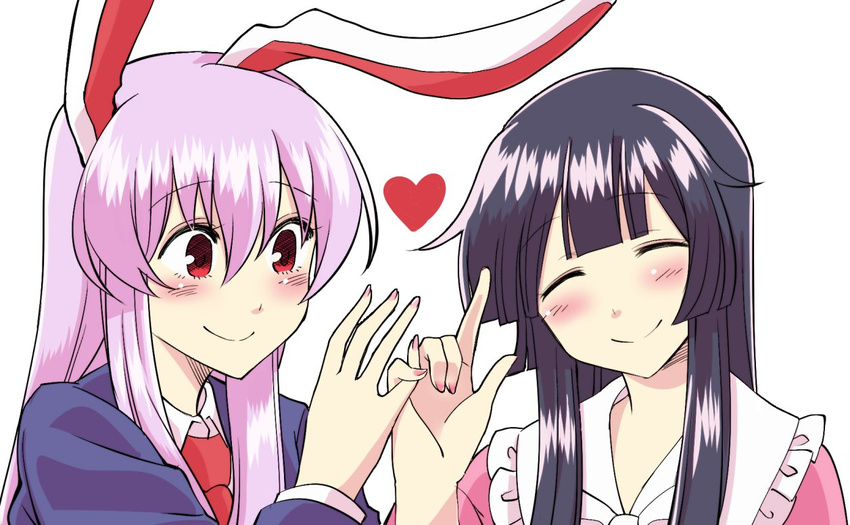 ^_^ animal_ears bangs black_hair blazer blush bow bunny_ears closed_eyes commentary_request finger_gun head_tilt heart hime_cut houraisan_kaguya index_finger_raised jacket lavender_hair long_sleeves looking_at_another mana_(tsurubeji) multiple_girls nail_polish necktie pink_nails pinky_swear purple_hair red_eyes red_neckwear reisen_udongein_inaba simple_background smile touhou upper_body white_background yuri