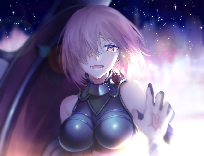 armor armored_dress backlighting blurry breasts cleavage close-up command_spell commentary crying crying_with_eyes_open depth_of_field fate/grand_order fate_(series) hair_over_one_eye half-closed_eyes holding_shield large_breasts lens_flare looking_at_viewer mash_kyrielight open_mouth out_of_frame purple_eyes purple_hair reaching shield short_hair sky smile solo_focus spoilers star_(sky) starry_sky tears teeth upper_body wowishi