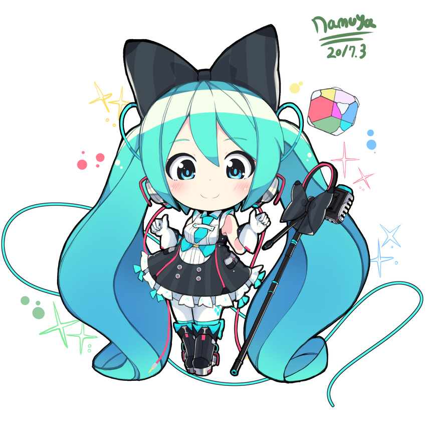 2017 aqua_eyes aqua_hair artist_name black_footwear blush boots bow buttons chibi dated dress eyebrows eyebrows_visible_through_hair gloves hair_ornament hatsune_miku headphones highres knee_boots long_hair looking_at_viewer magical_mirai_(vocaloid) microphone microphone_stand namuya_(dlcjfgns456) necktie smile solo sparkle thighhighs twintails very_long_hair vocaloid white_background wire