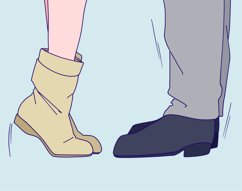 feet grey_pants highres implied_kiss kiss meme pants ruru_(pagne_xoxo) shoes tiptoe_kiss tiptoes