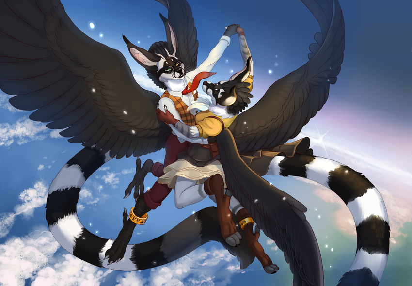 anthro dancing duo feathered_wings feathers female fur hair hug hvost hybrid lemur male male/female mammal outside primate wings