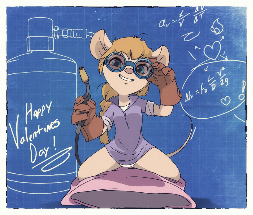 anthro blonde_hair blowtorch braided_hair chip_'n_dale_rescue_rangers clothing disney eyewear female gadget_hackwrench gloves goggles hair mammal mouse panties rodent schematic science_fox solo underwear