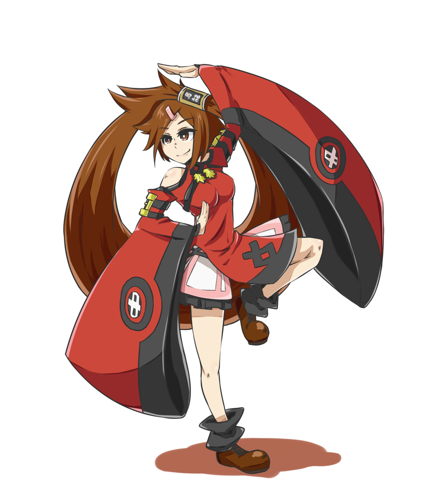 bare_shoulders boots breasts brown_eyes brown_hair china_dress chinese_clothes detached_sleeves dress full_body guilty_gear hair_ornament highres kuradoberi_jam large_breasts long_hair makai skirt smile solo very_long_hair