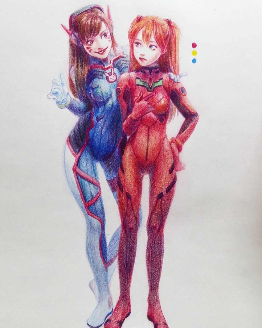 animal_print bangs blue_bodysuit blue_eyes bodysuit boots bracer breasts breasts_apart brown_eyes brown_hair bunny_print color_guide covered_navel crayon_(medium) crossover d.va_(overwatch) eyelashes facepaint facial_mark flower full_body gloves hairpods hand_on_another's_shoulder hand_on_hip hand_on_own_chest hand_up hands_up headgear headphones high_collar highres impossible_bodysuit impossible_clothes index_finger_raised legs_apart lips lipstick long_hair long_sleeves makeup medium_breasts multiple_girls neon_genesis_evangelion nose orange_hair overwatch parted_lips pauldrons pilot_suit pinky_out plugsuit red_bodysuit red_gloves red_lips red_lipstick ribbed_bodysuit seojoo_woo shoulder_pads simple_background skin_tight smile souryuu_asuka_langley standing straight_hair tape thigh_boots thigh_strap thighhighs traditional_media turtleneck two_side_up whisker_markings white_background white_footwear white_gloves