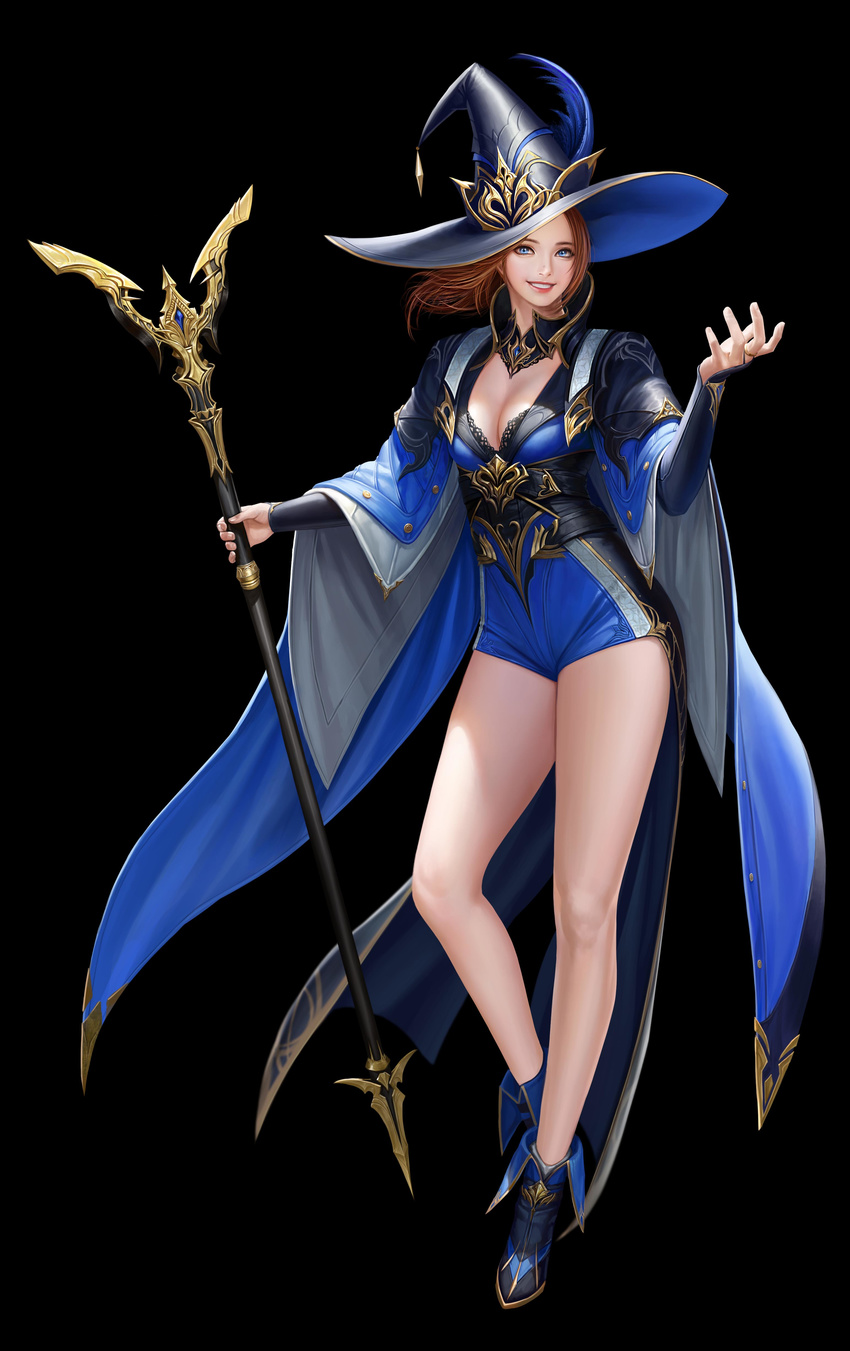 absurdres bare_legs black_background blue_eyes blue_footwear boots breasts bridal_gauntlets brown_hair commentary full_body hat highres holding holding_staff long_hair looking_at_viewer medium_breasts original parted_lips simple_background smile solo staff taekwon_kim witch witch_hat