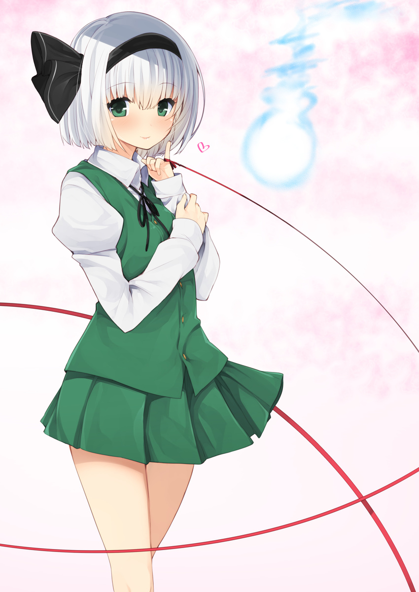 absurdres bangs black_hairband black_ribbon blunt_bangs blush buttons closed_mouth collared_shirt commentary_request cowboy_shot eyebrows_visible_through_hair floating ghost gradient gradient_background green_eyes green_skirt green_vest hairband heart heart-shaped_pupils highres hitodama juliet_sleeves konpaku_youmu konpaku_youmu_(ghost) long_sleeves looking_at_viewer miniskirt nigo_(aozoragarou) pinky_out pleated_skirt puffy_sleeves red_ribbon red_string ribbon shirt short_hair silver_hair skirt smile solo string symbol-shaped_pupils tareme touhou vest white_shirt wing_collar