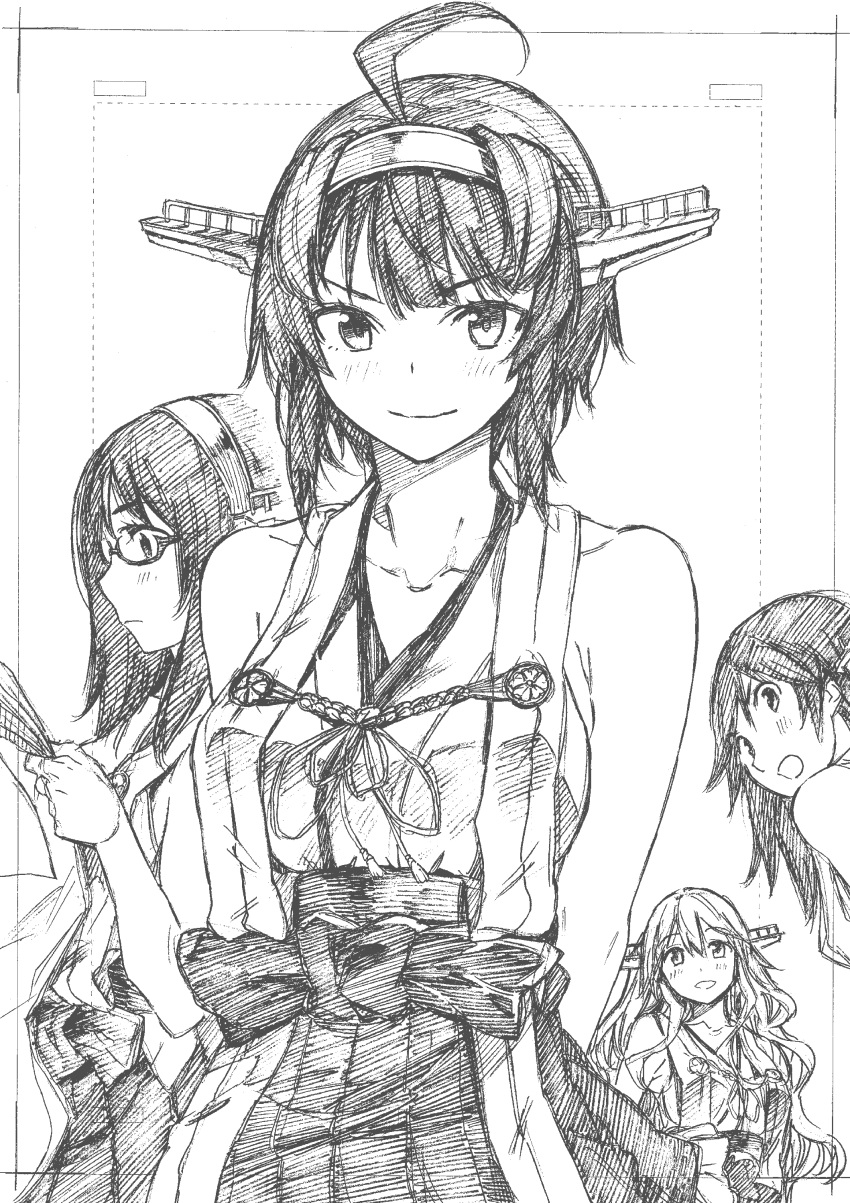 4girls :o absurdres ahoge alternate_hair_length alternate_hairstyle blush collarbone commentary_request glasses hairband haruna_(kantai_collection) hiei_(kantai_collection) highres kantai_collection kirishima_(kantai_collection) kojima_takeshi kongou_(kantai_collection) looking_at_viewer monochrome multiple_girls nontraditional_miko remodel_(kantai_collection) skirt smile traditional_media wavy_hair