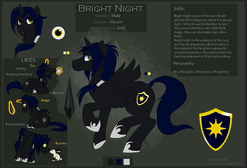 blue_hair braided_hair cutie_mark english_text equine fan_character feathered_wings feathers feral hair hooves horn kitchiki male mammal model_sheet my_little_pony smile solo text winged_unicorn wings yellow_eyes