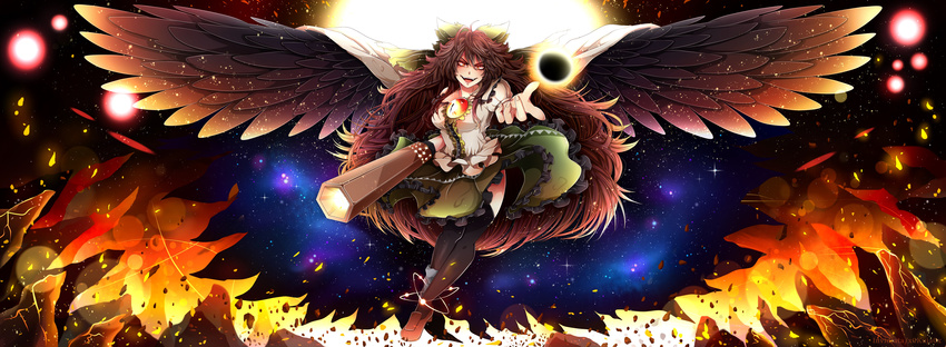 :d absurdres arm_cannon atom black_legwear black_sun black_wings blouse bow breasts brown_hair cape danmaku destruction evil_smile feathered_wings fire frilled_skirt frills green_skirt hair_bow hell highres invidiata loafers long_hair medium_breasts messy_hair open_mouth outstretched_arm puffy_short_sleeves puffy_sleeves red_eyes reiuji_utsuho shoes short_sleeves skirt smile sun thighhighs touhou v-shaped_eyebrows very_long_hair wavy_hair weapon white_blouse wings