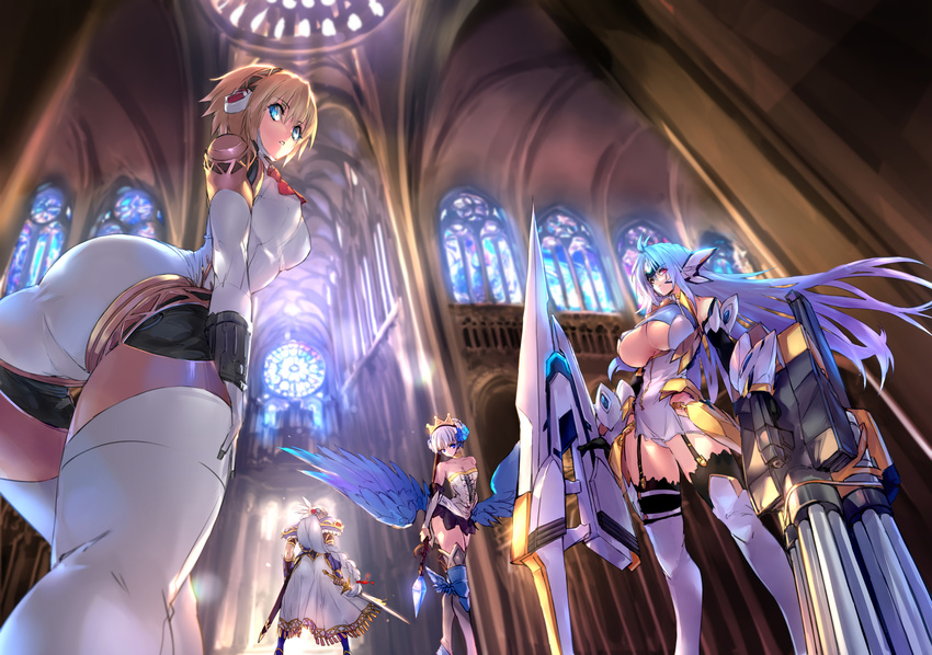 aegis_(persona) android antenna_hair armor armored_dress ass bad_perspective bare_shoulders blonde_hair blue_eyes blue_hair blue_wings boots breasts cannon church cleavage cleavage_cutout commentary crossover dress dual_wielding feathered_wings floating_hair foreshortening from_below garter_straps gwendolyn headphones highres holding holding_staff holding_sword holding_weapon huge_weapon indoors knee_boots kos-mos large_breasts leaning_forward lenneth_valkyrie leotard long_hair medium_breasts multiple_girls negresco odin_sphere panties pantyshot pantyshot_(standing) pauldrons persona persona_3 red_eyes robot_joints short_dress short_hair silver_hair staff stained_glass standing sunlight sword thighhighs tiara twisted_torso underboob underwear valkyrie_profile vaulted_ceiling weapon white_dress white_legwear white_panties winged_hat wings xenosaga
