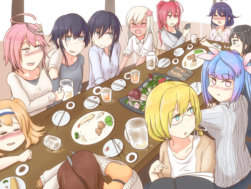 ahoge alcohol alternate_costume beer black_hair blonde_hair blue_eyes blue_hair blush bottle brown_eyes casual character_request chopsticks closed_eyes cup drinking drinking_glass drunk glasses hair_between_eyes hair_ornament hairband highres i-13_(kantai_collection) i-14_(kantai_collection) i-168_(kantai_collection) i-19_(kantai_collection) i-26_(kantai_collection) i-401_(kantai_collection) i-58_(kantai_collection) i-8_(kantai_collection) kantai_collection kiritto long_hair long_sleeves looking_at_viewer maru-yu_(kantai_collection) multiple_girls no_headwear off-shoulder_sweater open_mouth party pink_hair ponytail ro-500_(kantai_collection) sakazuki sake sake_bottle short_hair sleeping sweater table taigei_(kantai_collection) twintails