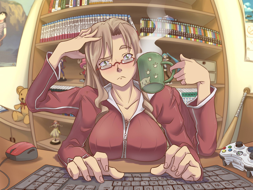 baseball_bat bookshelf breast_rest breasts brown_hair coffee_mug controller cup eyebrows figure fisheye frown game_controller gammatelier glasses green_eyes hand_on_own_head head_tilt holding holding_cup indoors jacket keyboard_(computer) large_breasts long_hair long_sleeves looking_at_viewer manga_(object) merchandise mouse_(computer) mug multiple_arms original otaku_room paw_print poster_(object) red-framed_eyewear red_jacket semi-rimless_eyewear shelf solo steam stuffed_animal stuffed_toy teddy_bear track_jacket typing under-rim_eyewear zipper