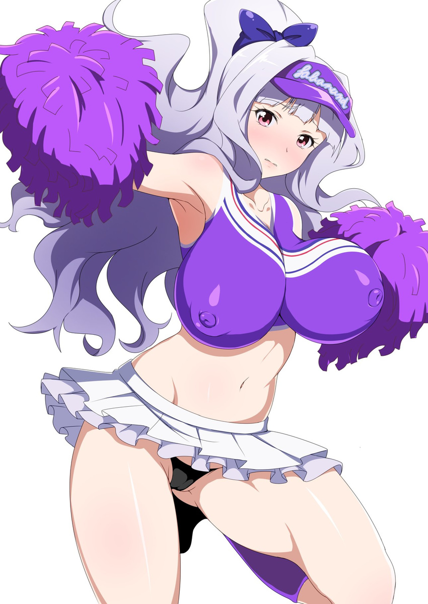 bangs black_panties blunt_bangs blush bodypaint bouncing_breasts breasts cameltoe cheerleader commentary_request hair_ribbon hairband hat highres idolmaster idolmaster_(classic) jabara_tornado large_breasts legs_folded long_hair looking_at_viewer miniskirt navel nipples painted_clothes panties pantyshot partially_visible_vulva pom_poms ponytail purple_eyes purple_legwear ribbon shijou_takane shiny shiny_hair shiny_skin silver_hair simple_background skirt solo underwear white_background