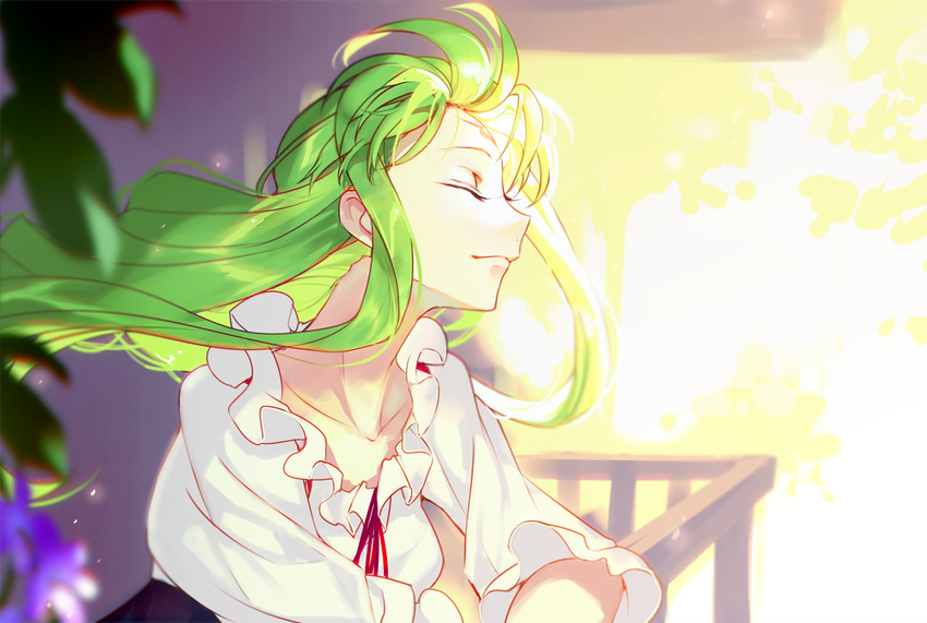 c.c. closed_eyes code_geass creayus dress geass green_hair long_hair smile solo sunlight tattoo