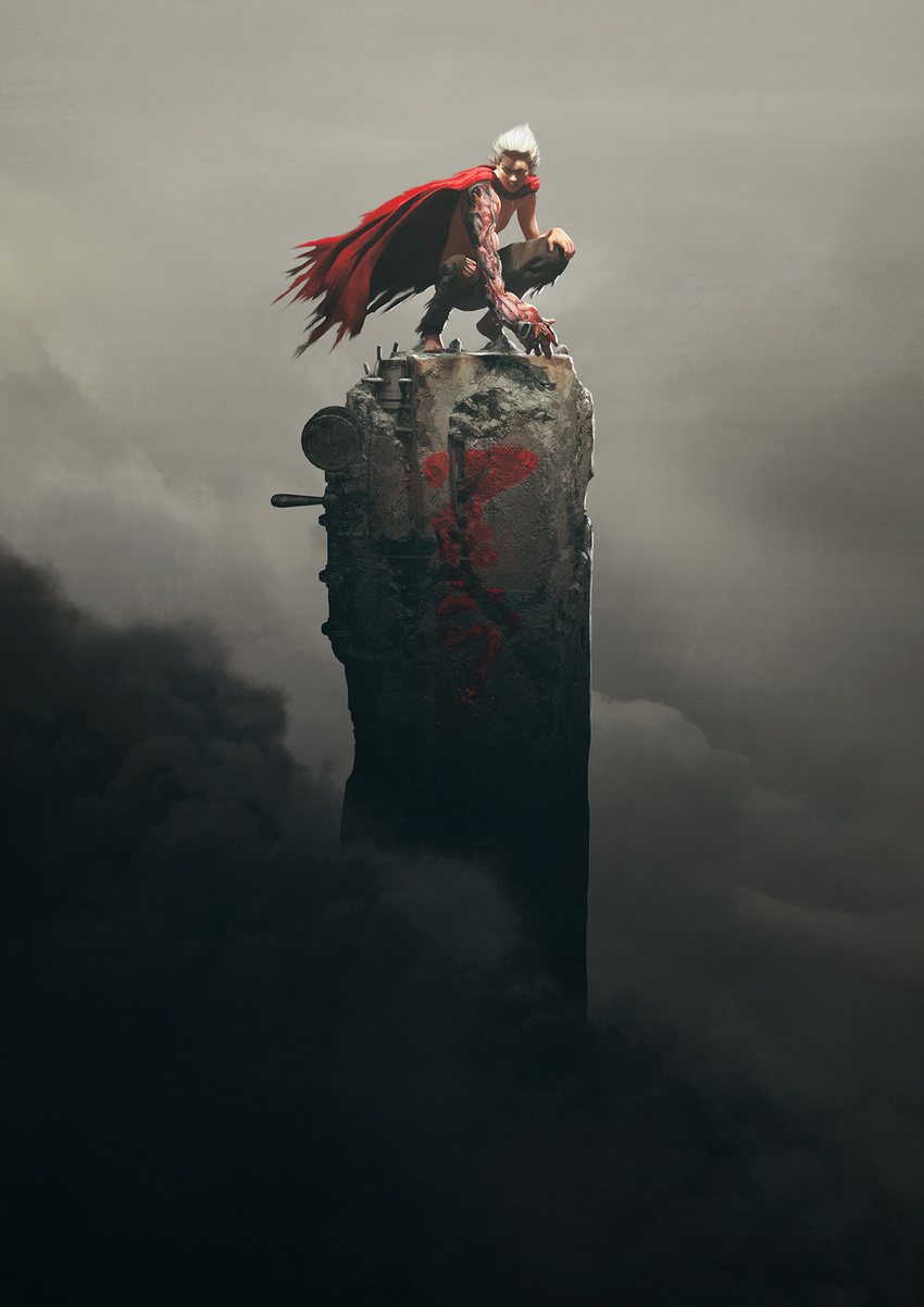 akira asian barefoot black_pants cape clenched_teeth commentary d: guillem_h_pongiluppi hand_on_own_knee highres male_focus open_mouth pants pillar realistic red_cape shima_tetsuo shirtless smoke solo squatting teeth torn_clothes torn_pants v-shaped_eyebrows white_hair
