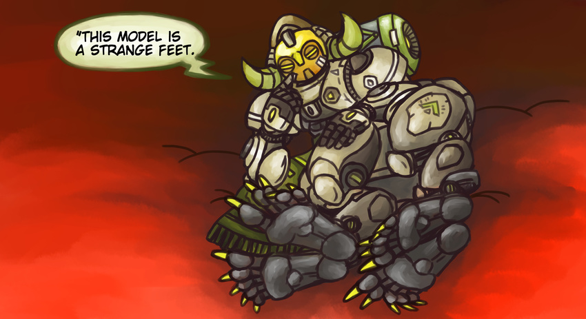 barefoot big_foot claw dialog feet female foot_tease humanoid_feet long_nails lying nail_polish orisa overwatch pov robot soles toe_claws toes