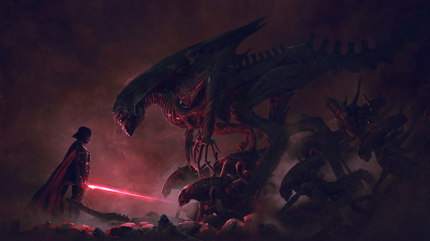 alien_queen aliens cape commentary corpse crossover darth_vader drooling energy_sword epic from_side guillem_h_pongiluppi head_down helmet highres holding holding_sword holding_weapon lightsaber lying on_stomach open_mouth profile realistic saliva sith star_wars stormtrooper sword weapon xenomorph