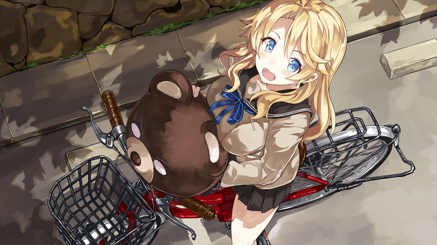 :d bear_head beige_shirt bicycle bicycle_basket blonde_hair blue_eyes blue_ribbon blush breasts brown_skirt end_card eyebrows_visible_through_hair from_above ground_vehicle hair_between_eyes highres large_breasts long_hair long_sleeves looking_at_viewer looking_up minami-kamakura_koukou_joshi_jitensha-bu neck_ribbon non-web_source open_mouth outdoors path pleated_skirt ribbon riding road sandy_mcdougal school_uniform serafuku shibano_kaito skirt smile solo stone_wall stuffed_animal stuffed_toy sunlight teddy_bear wall