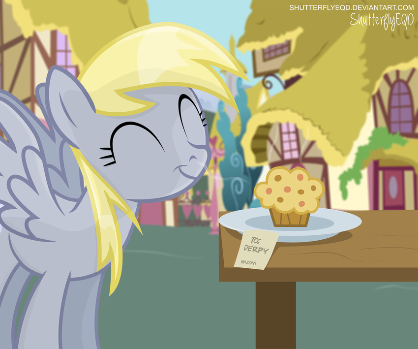 2017 blonde_hair building city derpy_hooves_(mlp) equine eyes_closed feathered_wings feathers female feral food friendship_is_magic grey_feathers hair house mammal muffin my_little_pony outside pegasus ponyville shutterflyeqd sky smile solo spread_wings table wings