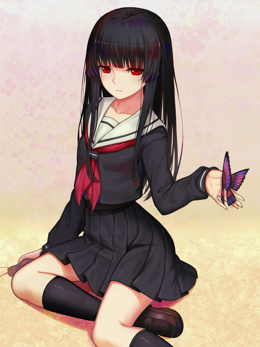 absurdres black_hair black_legwear black_serafuku black_skirt blush bug butterfly closed_mouth commentary_request enma_ai highres hime_cut insect jigoku_shoujo loafers long_hair long_sleeves looking_at_viewer md5_mismatch neckerchief pleated_skirt red_eyes school_uniform serafuku shoes sidelocks sitting skirt socks solo sonikey0_0 yokozuwari