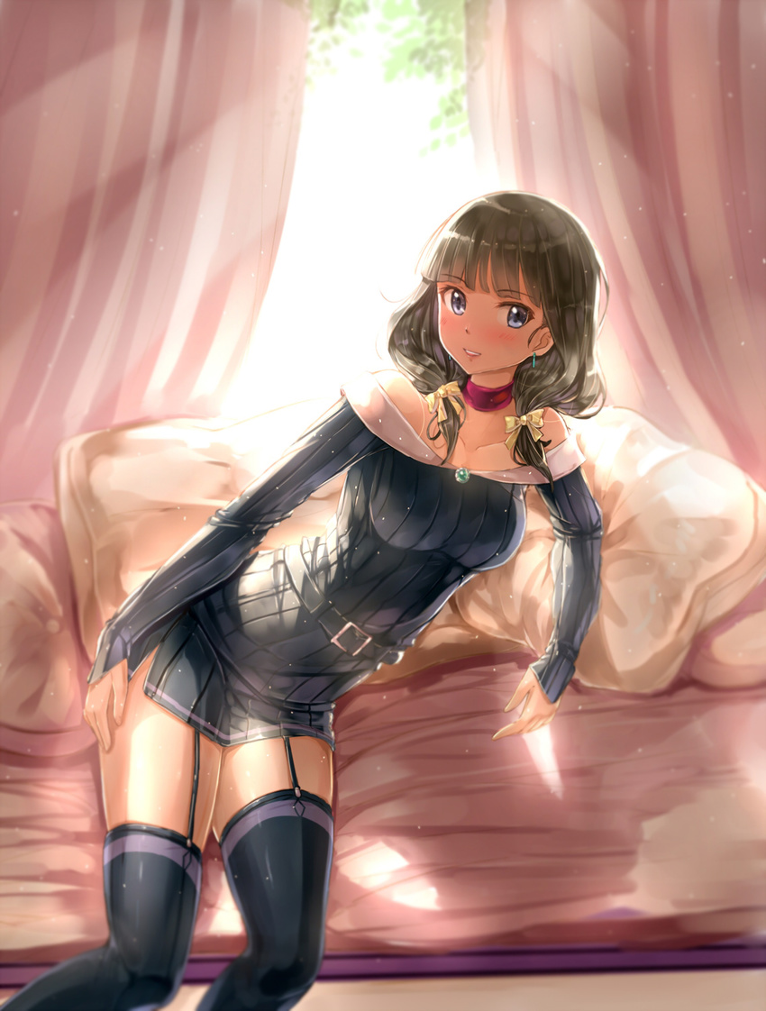 blue_eyes brown_hair choker garter_straps highres kazeno low_twintails off_shoulder original solo thighhighs twintails