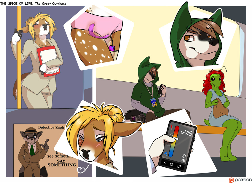 2016 ambiguous_penetration ambiguous_species anthro armpits blonde_hair blue_eyes blush border brown_eyes camera canine cervine clothing comic deer english_text eyes_closed female fur green_skin group hair hat hi_res houkuko kryn male mammal masturbation multiple_images penetration phone public_masturbation raccoon red_hair remote_controlled_vibrator rix scar sex_toy sitting smile standing text train vibrator white_border wolf