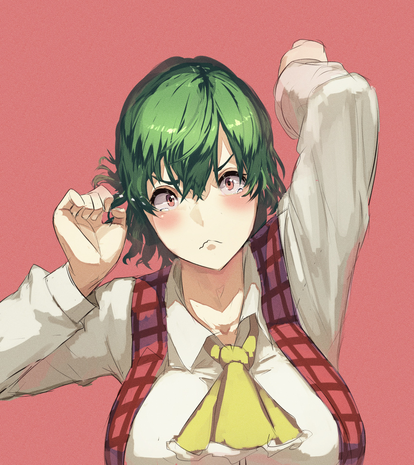 ascot blush breasts commentary_request constricted_pupils embarrassed green_hair highres kazami_yuuka kikimifukuri large_breasts long_sleeves looking_at_viewer plaid plaid_vest red_background red_eyes short_hair simple_background solo tearing_up touhou upper_body vest wavy_mouth