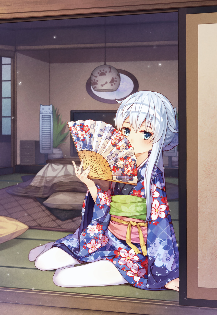 &gt;_&lt; :3 absurdres bangs blue_eyes blue_kimono blush cat closed_eyes closed_mouth commentary_request cushion expressionless fan floral_print folding_fan hair_between_eyes hibiki_(kantai_collection) highres holding holding_fan indoors japanese_clothes kantai_collection kimono kimono_skirt kotatsu long_hair long_sleeves looking_at_viewer obi pantyhose paw_print sash shouji sidelocks silver_hair sitting sliding_doors solo table tatami tied_hair tsubasa_tsubasa white_legwear yokozuwari zabuton