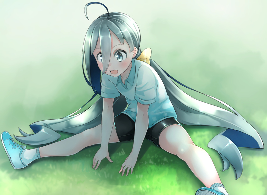 ahoge bike_shorts blush collared_shirt comah commentary_request grass hair_between_eyes kantai_collection kiyoshimo_(kantai_collection) long_hair looking_down open_mouth outdoors polo_shirt shirt shoes short_sleeves silver_eyes silver_hair sitting smile sneakers socks solo sportswear spread_legs very_long_hair white_legwear white_shirt