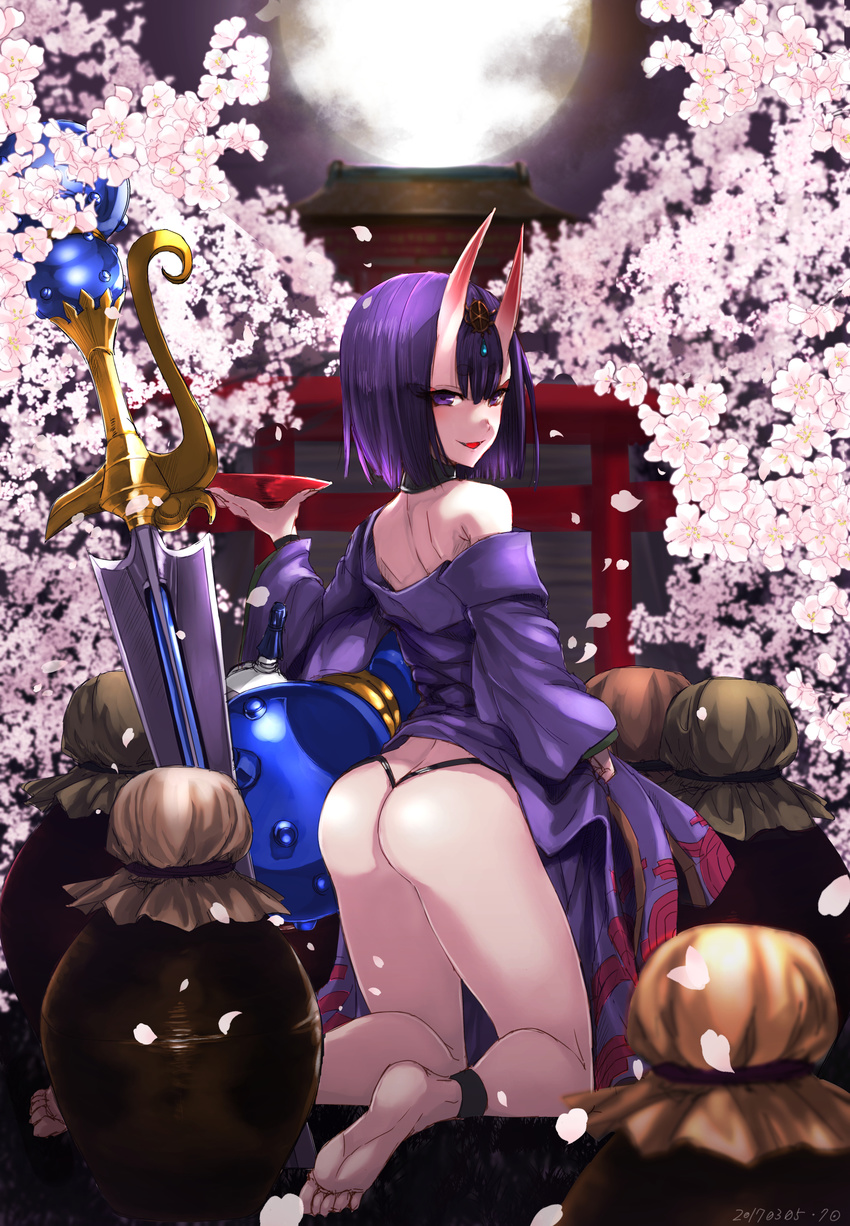 absurdres anklet ass bare_shoulders barefoot black_panties cherry_blossoms commentary_request cup eyeshadow fate/grand_order fate_(series) from_behind full_body full_moon gourd hair_ornament highres horns japanese_clothes jewelry kimono kneeling kuronuko_neero long_sleeves looking_at_viewer looking_back makeup moon night off_shoulder oni oni_horns panties parted_lips petals planted_sword planted_weapon purple_eyes purple_hair sakazuki short_hair shrine shuten_douji_(fate/grand_order) smile solo sword thong torii underwear weapon wide_sleeves