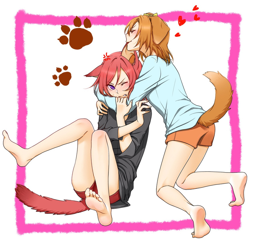 animal_ears animal_print bare_legs barefoot blush brown_hair dog_ears dog_print dog_tail feet heart highres hug kemonomimi_mode kousaka_honoka love_live! love_live!_school_idol_project miso-ha_(ukyuu) multiple_girls nishikino_maki one_eye_closed paw_print purple_eyes red_hair short_shorts shorts tail