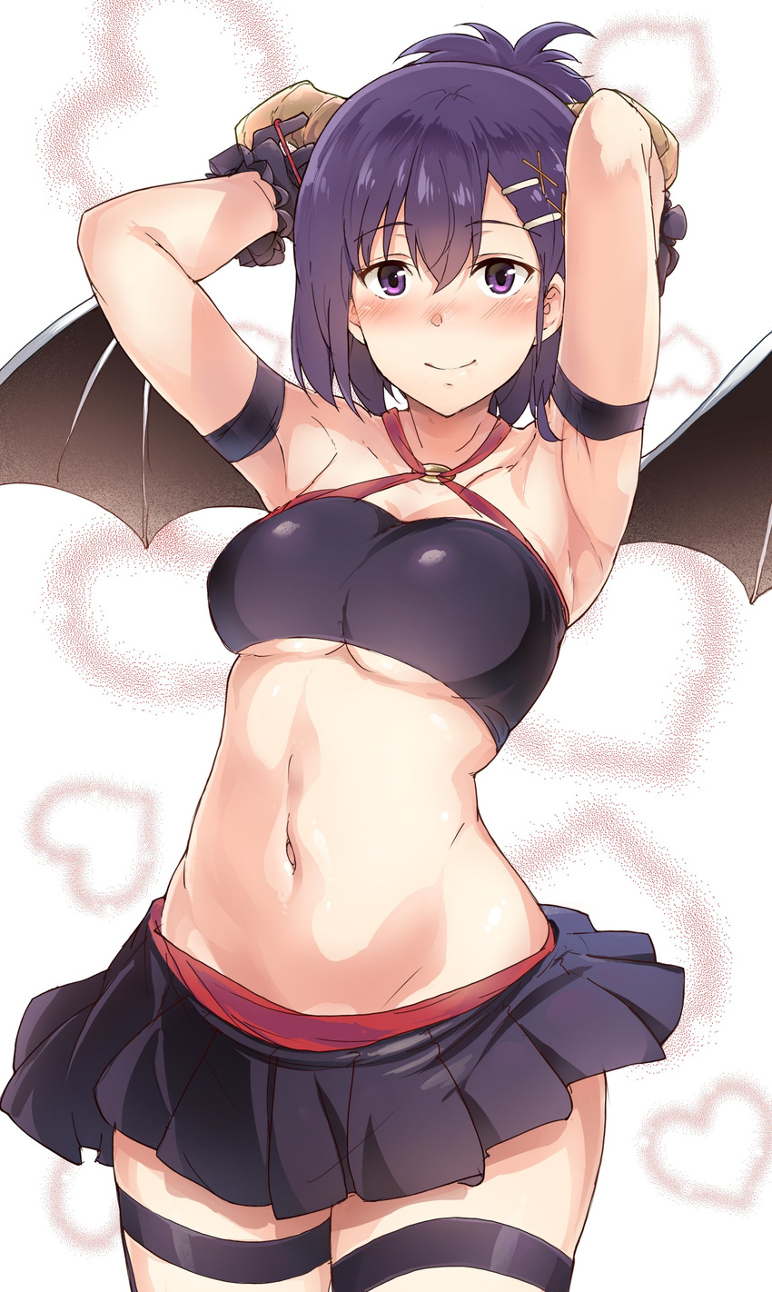 1girl armpits arms_up blush breasts demon_wings gabriel_dropout hairclip heart looking_at_viewer miniskirt navel purple_eyes purple_hair skirt smile solo suisen_toire_(moko924) tagme tsukinose_vignette_april tubetop wings