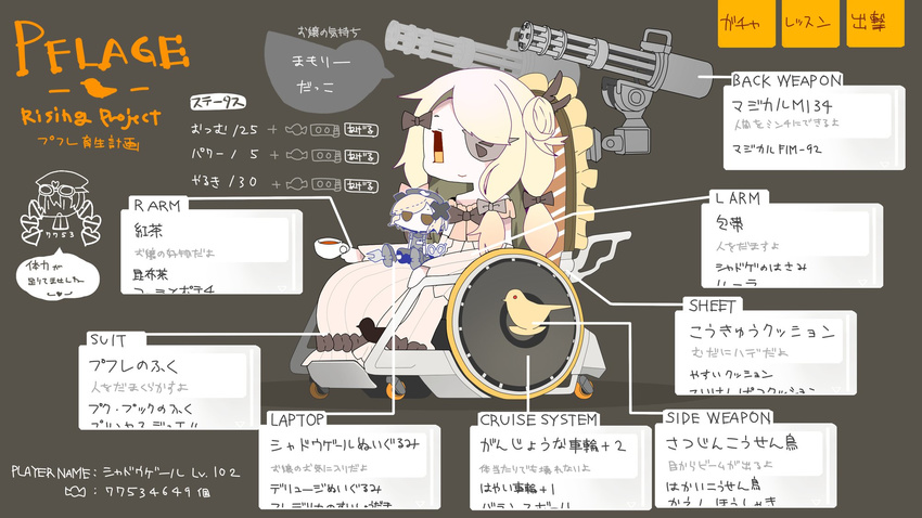 7753 bird blonde_hair cameo cup diagram doll eyepatch gun highres mahou_shoujo_ikusei_keikaku md5_mismatch pfle shadowgale sitting smile solo teacup translation_request vader_(n.r.t.a.) weapon wheelchair