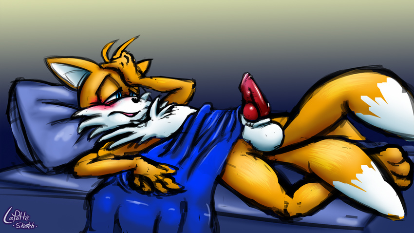 anthro balls barefoot bed bed_covers bedding big_ears blush canine chest_fur erection fox fur hand_on_head knot lapatte lying male mammal miles_prower nude on_back on_bed open_mouth penis pillow solo sonic_(series) squint tongue under_covers video_games
