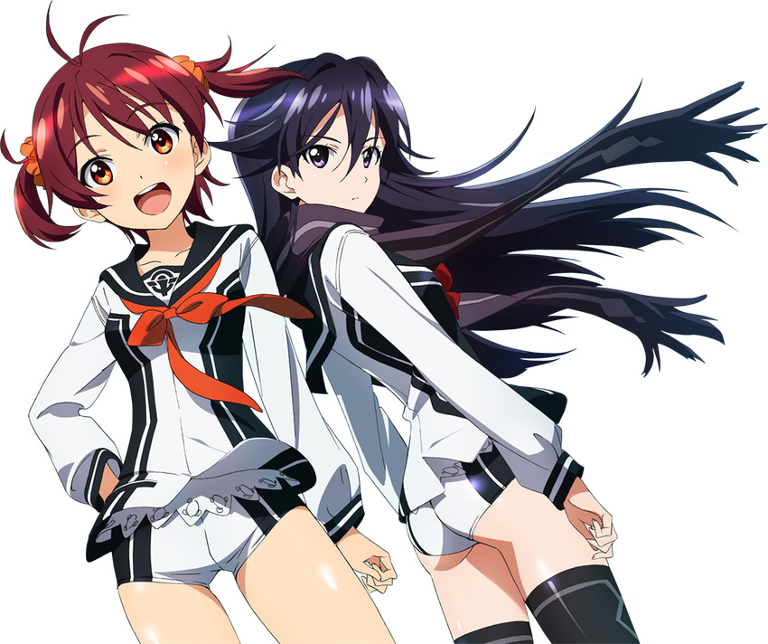 2girls ass black_hair blush isshiki_akane kuroki_rei multiple_girls purple_eyes red_eyes red_hair vividred_operation