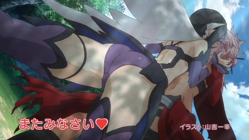 arm_grab artist_name ass black_hair cape chloe_von_einzbern detached_sleeves end_card fate/kaleid_liner_prisma_illya fate_(series) highres kiss leotard long_hair magical_girl midriff miyu_edelfelt multiple_girls navel non-web_source screencap short_hair short_shorts shorts thighhighs waist_cape white_hair yamayoshi_kazuyuki yuri